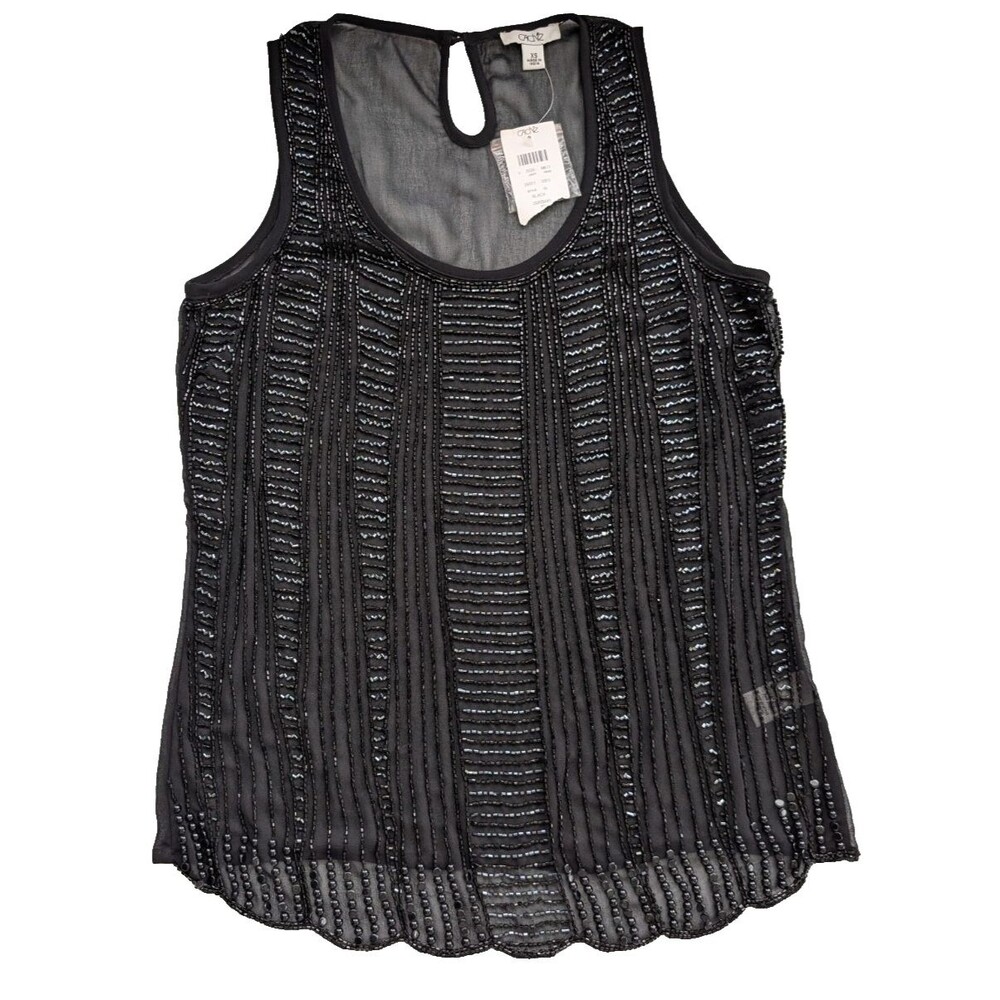 Cache Black Beaded Sleeveless Sheer Blouse Top XS NWT Style 29501 Y2K Boho Disco